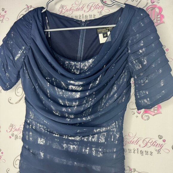 Tadashi shoji dress silk tiered Elegant Blue Sequin Dress sparkly blue - Picture 3 of 15